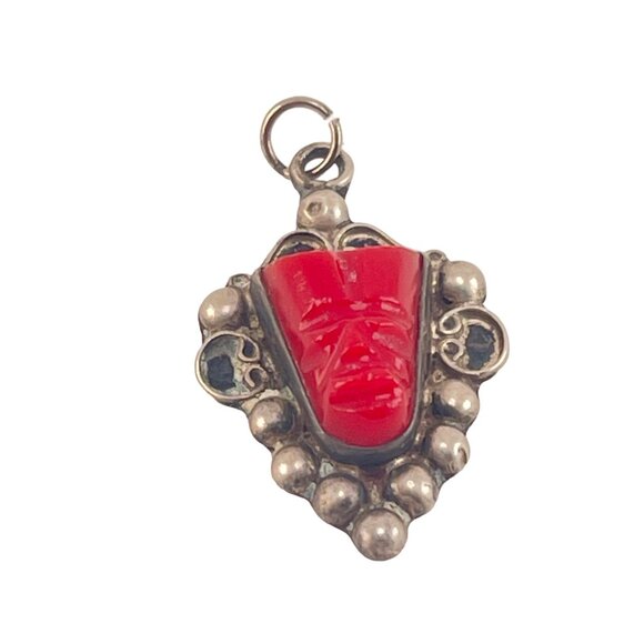 Vintage Sterling Silver & Red OnyxTribal Mask Pendant Necklace - Picture 1 of 7